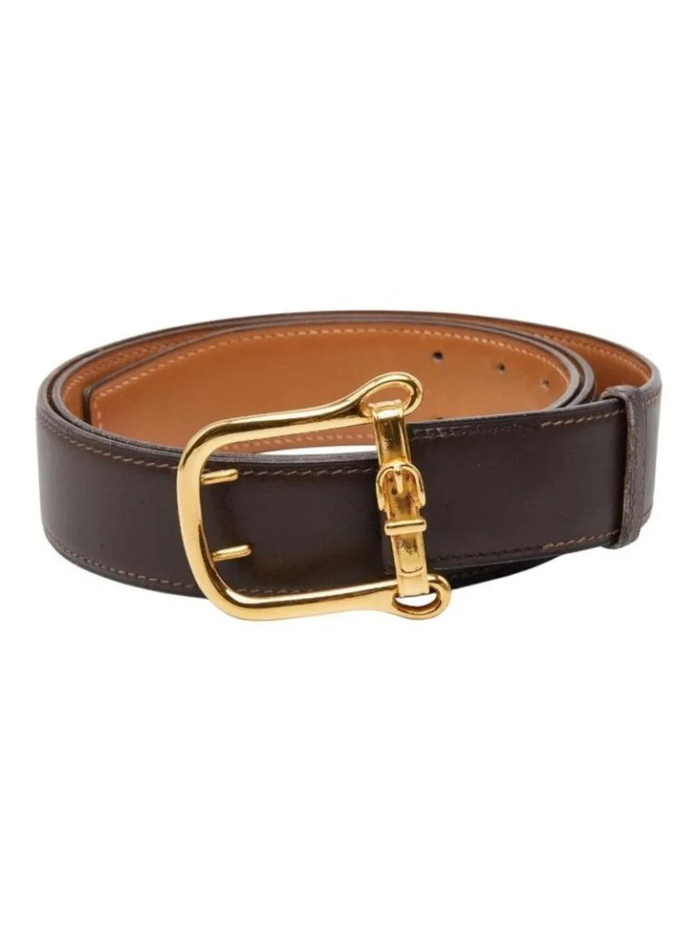 Hermes Belt Motif Buckle Brown Gold Leather
